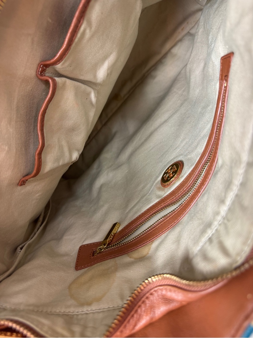 Tory Burch Tan Canvas Tote with Blue Stripe and White Rope Handles - Picture 14 of 16